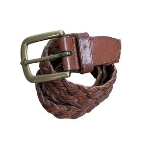 Fossil Brown Leather Belt Womens Medium Woven Brass Buckle 1" Adjustable Classic